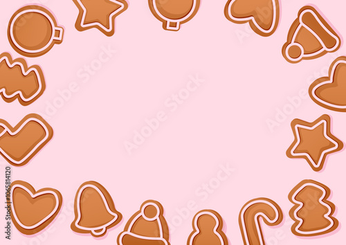 Cozy pink christmas flatlay background with gingerbread