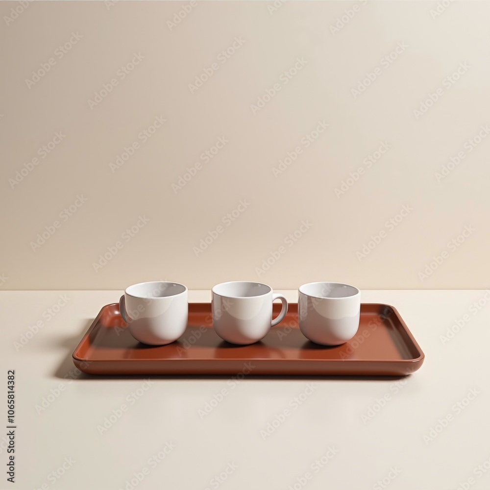 Fototapeta premium Minimalist Ceramic Coffee Cups on a Tray - Ideal for Blogs, Cafés, Kitchenware Stores, and Home Decor Inspiration