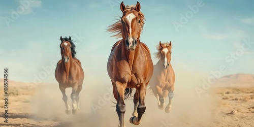 Three horses running in the desert, kicking up dust.