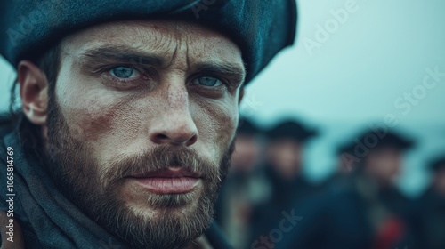 Man dressed-up like a pirate with hat and boat background