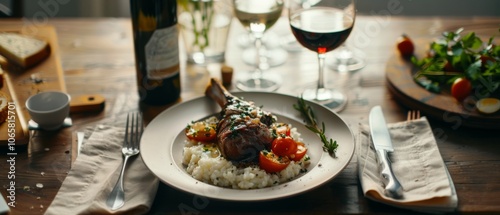 A luxurious dish of lamb served over creamy risotto, accompanied by a rich red wine and elegant table setting, epitomizing gourmet dining.