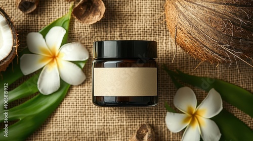 A jar of coconut oil sits on burlap near coconut shells and tropical flowers