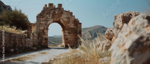 An ancient stone archway stands proudly amidst rugged ruins, offering a glimpse into a rich history set against rolling hills.