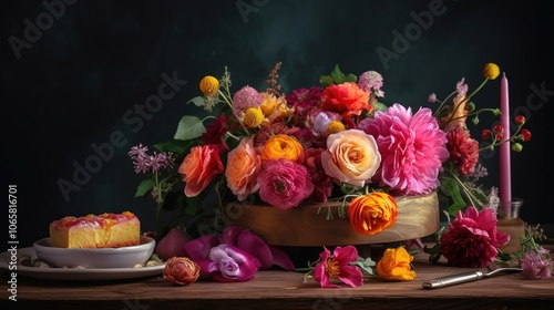 Vibrant Floral Arrangement with Cake on Wooden Table