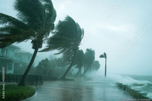 A stormy scene with strong winds bending palm trees along a waterfront. Waves crash against the shore, creating a misty atmosphere. The sky is overcast, indicating severe weather conditions. photo