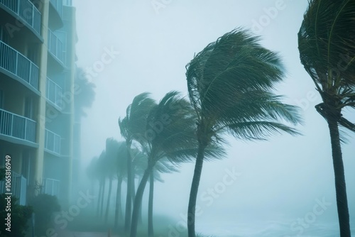 A stormy scene with strong winds bending palm trees near a beachside building. The atmosphere is foggy and gray, indicating severe weather conditions. photo