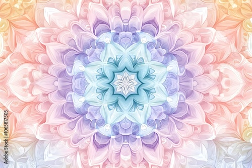 A complex mandala-inspired pattern in pastel colors, forming a seamless design on a white background photo