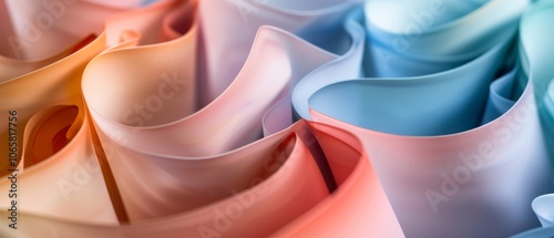 Waves of delicate pastel fabric fold upon each other in a silky, colorful embrace, showcasing soft textures and graceful movements.