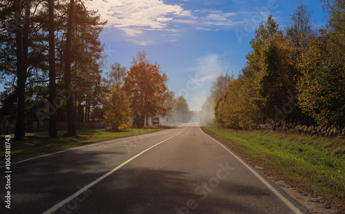 Autumn landscape, road and highway, asphalt and roadside.