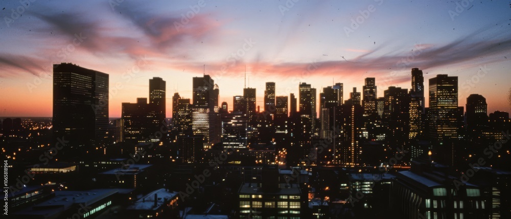 Fototapeta premium City skyline at dusk, the sky ablaze with pink and orange hues, as the twinkling lights of skyscrapers begin to awaken.