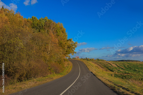 Autumn landscape, road and highway, asphalt and roadside.