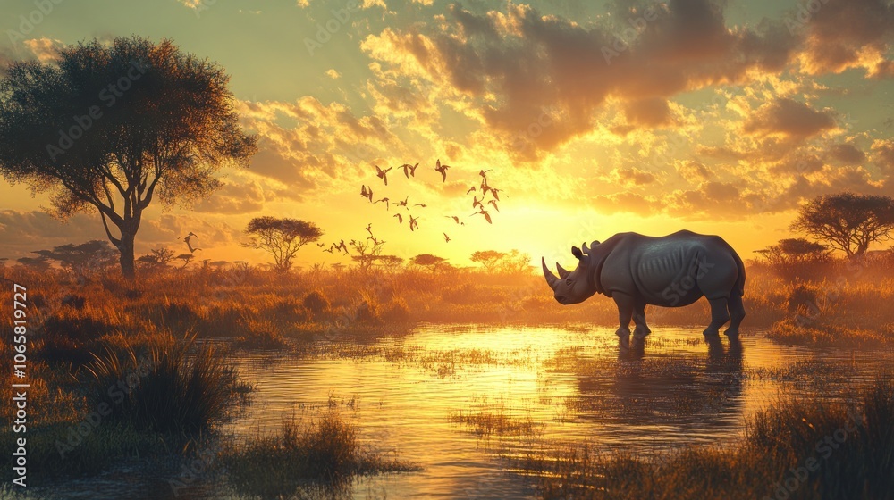 Fototapeta premium A serene sunset scene featuring a rhinoceros near a water body, surrounded by trees and birds.