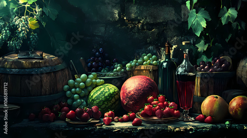 A dark, enchanted pantry with grapes, strawberries, and watermelons arranged alongside mystical ingredients in a shadowy setting. Mystical. Illustration photo