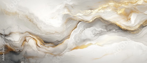 This stunning abstract landscape artwork features fluid marble patterns in shades of white, gray, and gold, beautifully capturing a serene and tranquil natural environment for appreciation