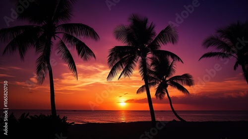 Serene Sunset Over Tropical Beach with Palm Trees