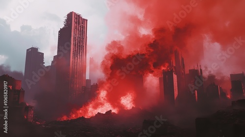 A city scene of smoke and destruction after an airstrike, red hues

 photo