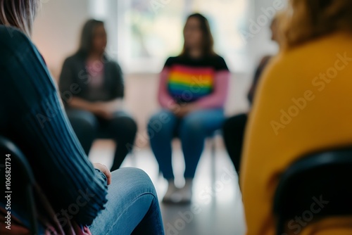 A support group for LGBT individuals, sitting in a circle and sharing experiences in a safe space