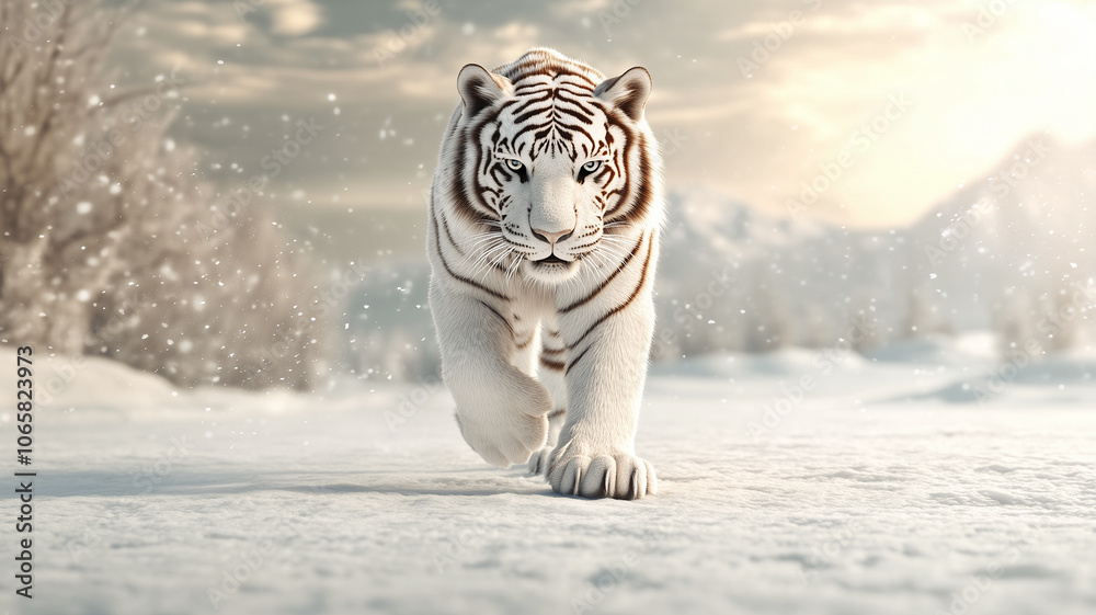 Fototapeta premium Majestic white Bengal tiger walks on four paws through the winter landscape towards the camera.