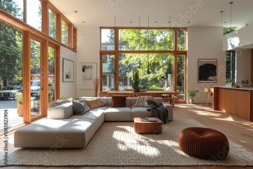 scandinavian decor, a modern nordic-style living room with sleek furniture, minimalist decor, a cozy knit throw, all enhanced by natural light from big windows