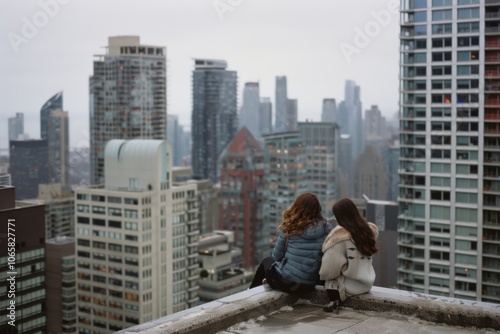 Two friends sit atop a skyscraper roof, taking in the sprawling city skyline below, sharing a moment of friendship and serenity in the urban expanse.