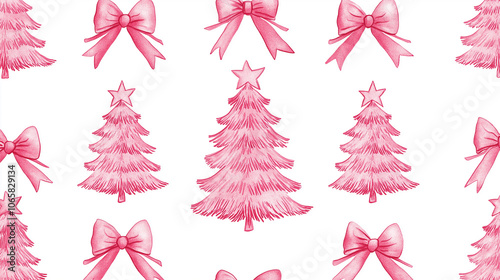 Seamless pattern with pink christmas trees and bows celebrating christmas hol...