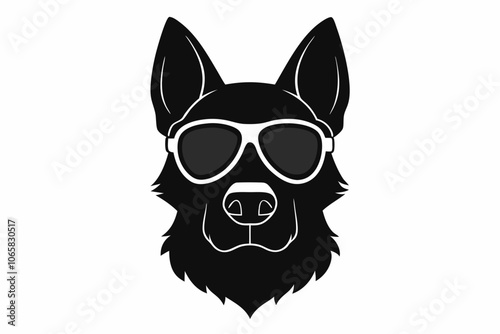Dog head wearing sunglass silhouette, dog with glasses icon vector