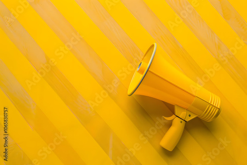 bright yellow megaphone on striped yellow background, symbolizing effective communication for business. generative ai photo