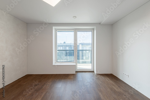 Empty Living Room or Bedroom Interior. White Walls Room Corner and Window. Interior with Empty Room White Walls and Wooden Floor.