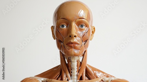 A lifelike anatomical representation of a female head highlighting visible muscle structures, ideal for studying human anatomy and artistic illustration. photo