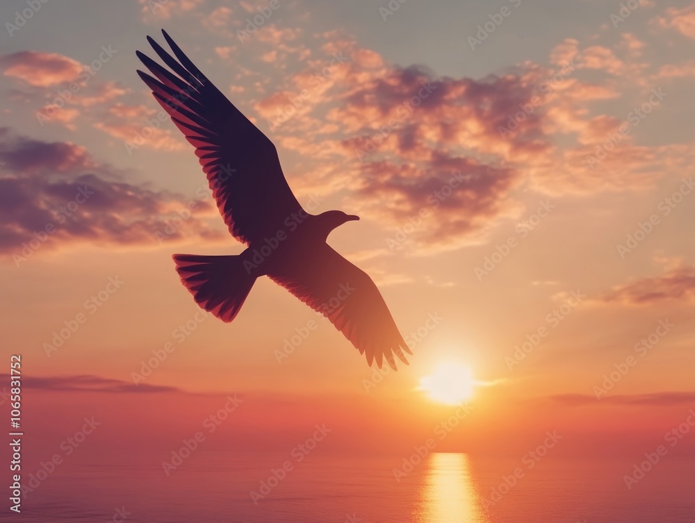 Fototapeta premium Bird flying over ocean at sunset