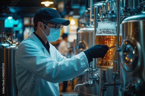 A dedicated technician in a white lab coat works diligently in a brewery