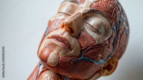 An intricate anatomical model focusing on the face, revealing visible muscle structures for detailed study and understanding of human facial anatomy. photo