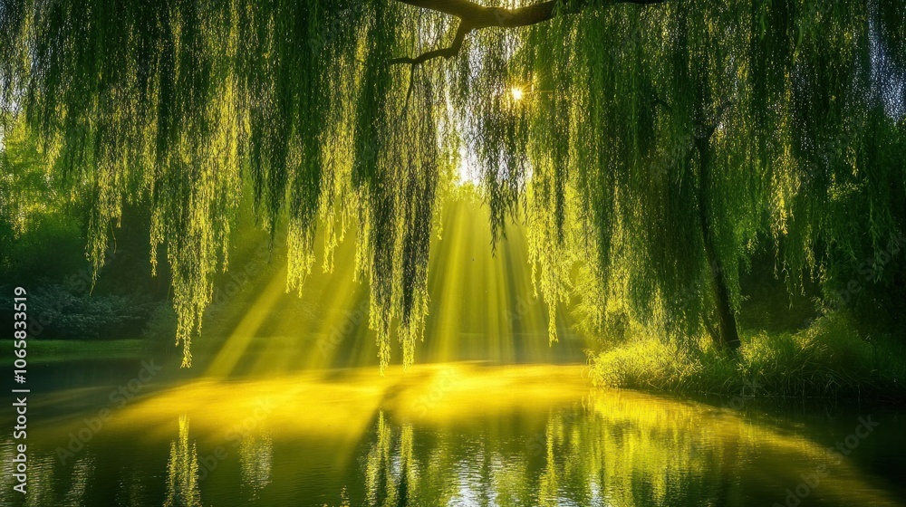 Fototapeta premium A serene landscape with sunlight filtering through willow trees over a tranquil pond.