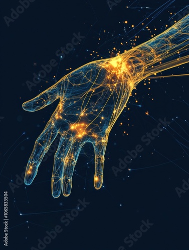 A neural-controlled prosthetic arm shows glowing connections, representing interaction between the brain and technology in an advanced environment. Generative AI photo