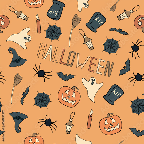 The design showcases a variety of Halloween themed elements on an orange background