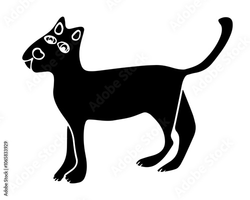 A black cat silhouette features unique eye shapes, creating a whimsical effect