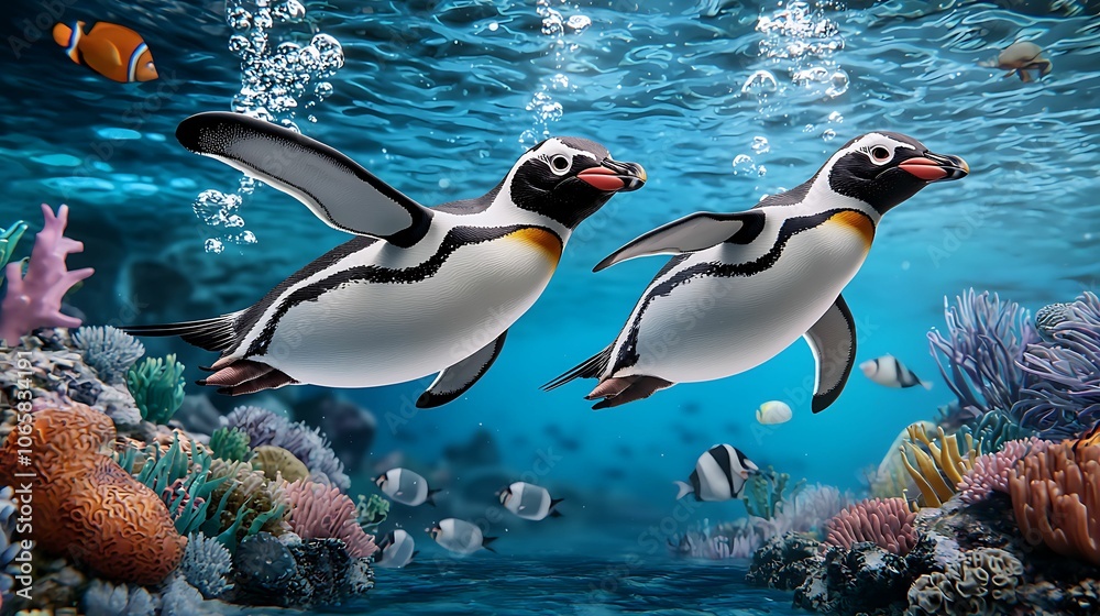 Naklejka premium Two playful penguins swimming gracefully among colorful coral reefs in a vibrant underwater scene