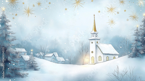 Christmas eve snowy landscape with church and fireworks celebrating winter ho...