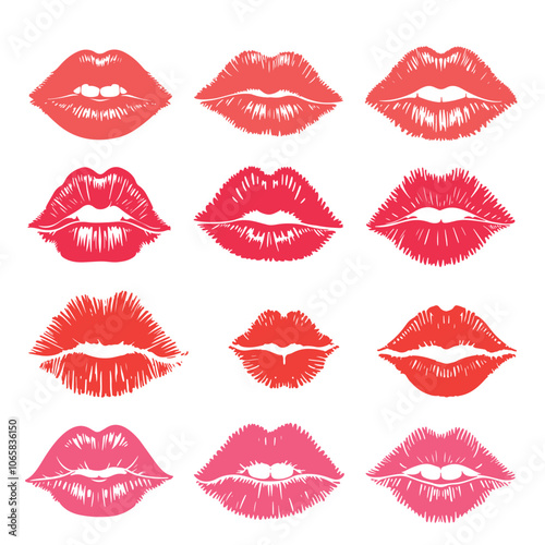 Minimalist Color Lip Print Silhouettes Vector - 3x4 Grid with Unique Textured Variations, Crisp Edges for Modern Graphic Design