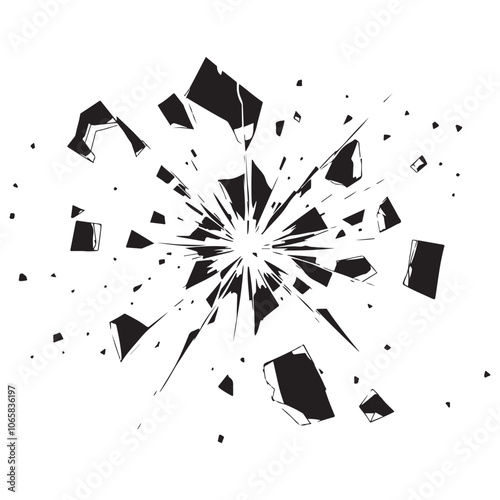 High-Contrast Black-and-White Vector Illustration of Shattered Glass with Central Impact Point and Radiating Cracks - Minimalistic, Sharp, and Realistic Broken Glass Design