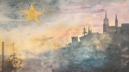 Christmas star shining over misty cityscape at dawn