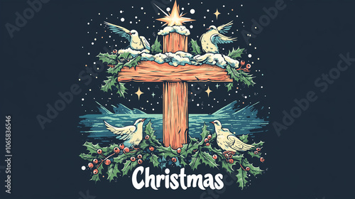 Christmas doves flying around wooden cross with holly and snow