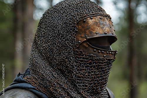 a Crusader chainmail coif with rusted metal links.