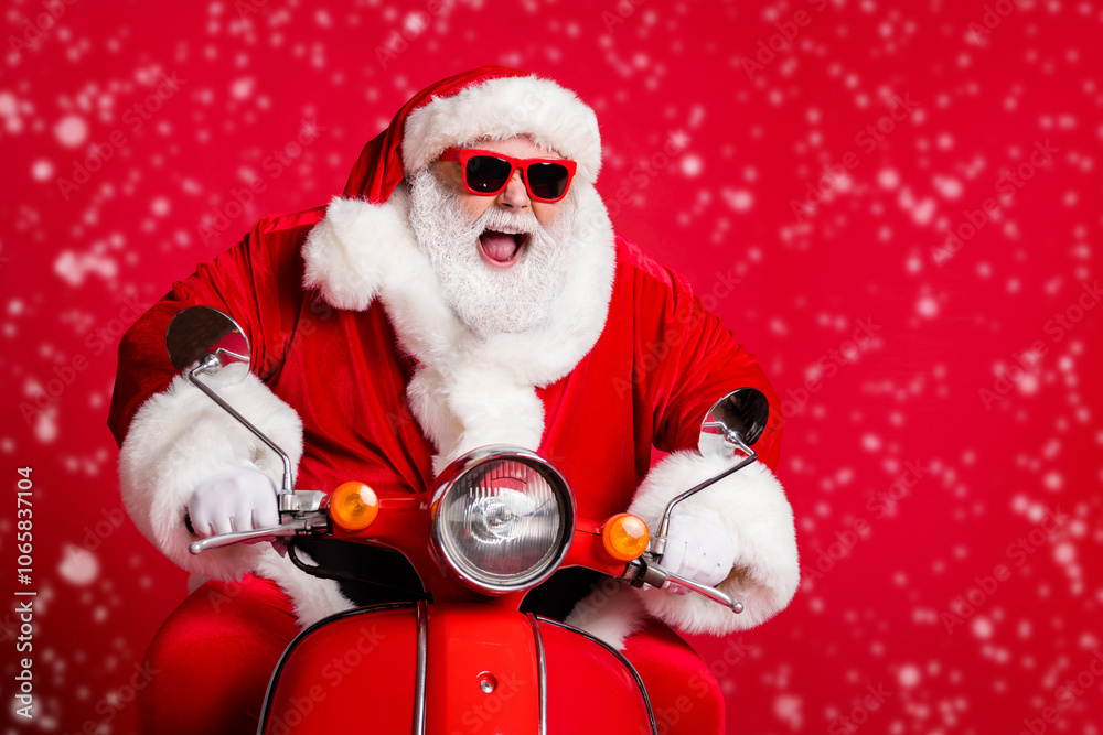 Naklejka premium Photo of retired grandfather white beard ride retro scooter open mouth mad careless overtake slow cars fast have fun wear x-mas costume coat sunglass cap isolated red color background