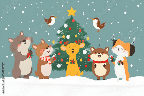 Woodland creatures joyfully gather around a snowy Christmas tree, sharing festive cheer