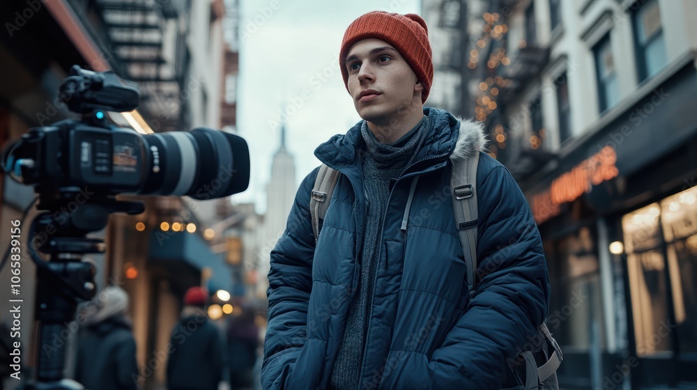 Vlogger recording a video in the street Vlogger recording a video in the street