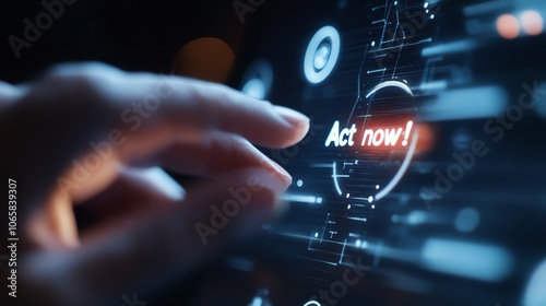 A close-up view of a hand touching a digital screen with a vibrant 'Act now!' message, showcasing technology and engagement.