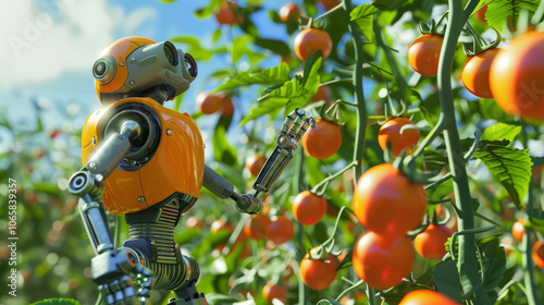 A charming compact yellow robot farmer harvests ripe red tomatoes. A concept for the use of robotic systems in greenhouses photo