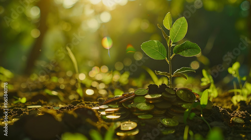 coin tree: a symbol of growth, prosperity, and abundance amidst a sunlit green background. generative ai photo