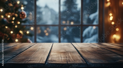 Wooden table with blank, open window and moody christmas background. photo